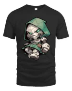 Chibi Doctor Doom Mask Green Hooded Armor Graphic Tee - black t-shirt on white background