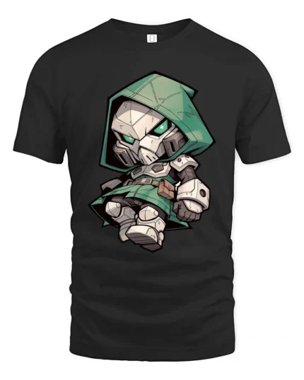 Chibi Doctor Doom Mask Green Hooded Armor Graphic Tee - black t-shirt on white background