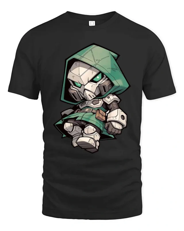 Chibi Doctor Doom Mask Green Hooded Armor Graphic Tee - black t-shirt on white background