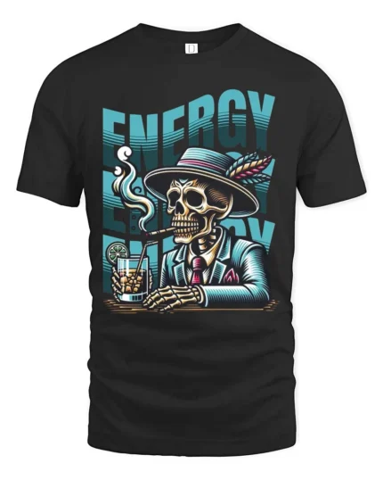 Suave Dapper Skeleton Energy Cocktail Cigar Graphic Tee - black t-shirt on white background