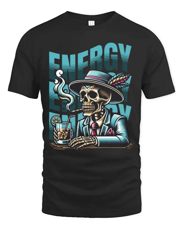 Suave Dapper Skeleton Energy Cocktail Cigar Graphic Tee - black t-shirt on white background