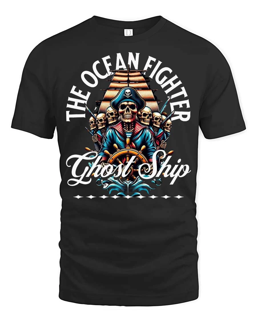 Thrilling The Ocean Fighter Ghost Ship Pirate Crew Tshirt - 1 Thrilling The Ocean Fighter Ghost Ship Pirate Crew Tshirt - black t-shirt on white background