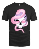 Alluring Pastel Sugar Skull Pink Serpent Graphic Tee - black t-shirt on white background