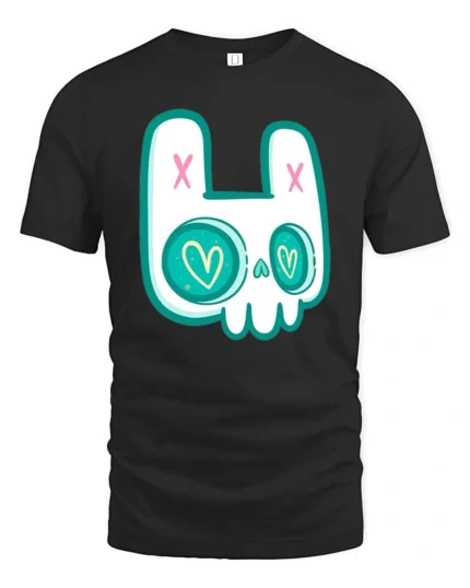 Charming Pastel Goth Bunny Skull Heart Eyes Graphic Tee - black t-shirt on white background