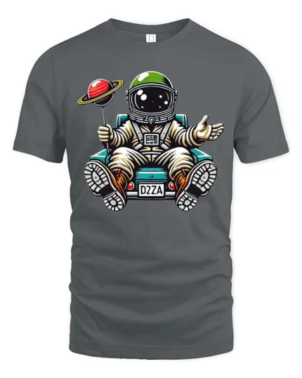 Charming Astronaut Sitting On Car Planet Balloon Tshirt - gray t-shirt on white background