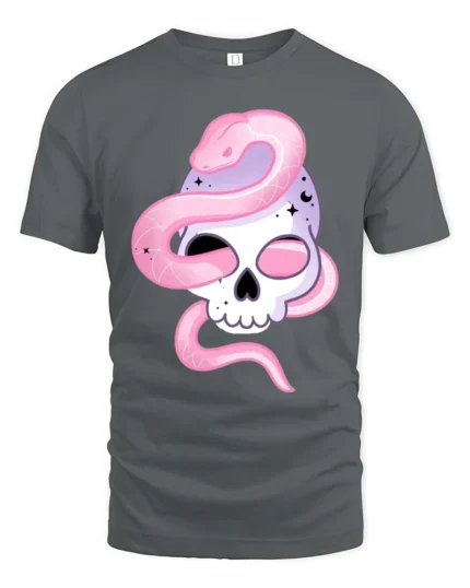 Alluring Pastel Sugar Skull Pink Serpent Graphic Tee - gray t-shirt on white background