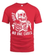 Sarcastic Shhh No One Cares Silent Skull Graphic Tshirt - red t-shirt on white background