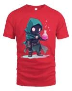 Enchanting Miniature Alchemist Hooded Rogue Magic Graphic Tee - red t-shirt on white background