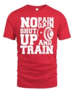Hardcore Gym Motivation No Pain No Gain Graphic Tee - red t-shirt on white background