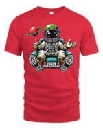 Charming Astronaut Sitting On Car Planet Balloon Tshirt - red t-shirt on white background