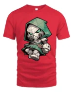 Chibi Doctor Doom Mask Green Hooded Armor Graphic Tee - red t-shirt on white background
