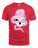 Alluring Pastel Sugar Skull Pink Serpent Graphic Tee - red t-shirt on white background