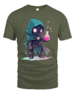 Enchanting Miniature Alchemist Hooded Rogue Magic Graphic Tee - military green t-shirt on white background
