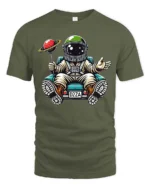 Charming Astronaut Sitting On Car Planet Balloon Tshirt - military green t-shirt on white background