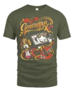 Groovy Generation X Cassette Tape Roller Skate Tshirt - military green t-shirt on white background