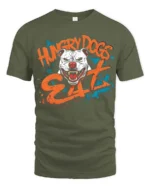 Aggressive Hungry Dogs Eat White Pitbull Splatter Graphic Tee - military green t-shirt on white background
