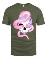 Alluring Pastel Sugar Skull Pink Serpent Graphic Tee - military green t-shirt on white background