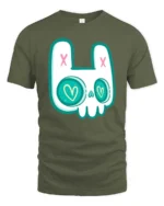 Charming Pastel Goth Bunny Skull Heart Eyes Graphic Tee - military green t-shirt on white background