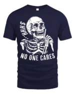 Sarcastic Shhh No One Cares Silent Skull Graphic Tshirt - navy t-shirt on white background