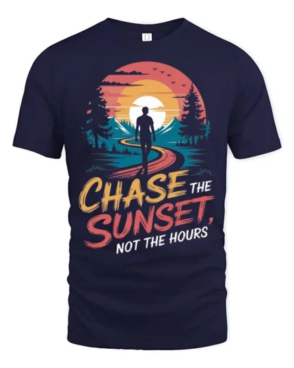 Inspiring Chase The Sunset Outdoor Nature Graphic Tee - navy t-shirt on white background