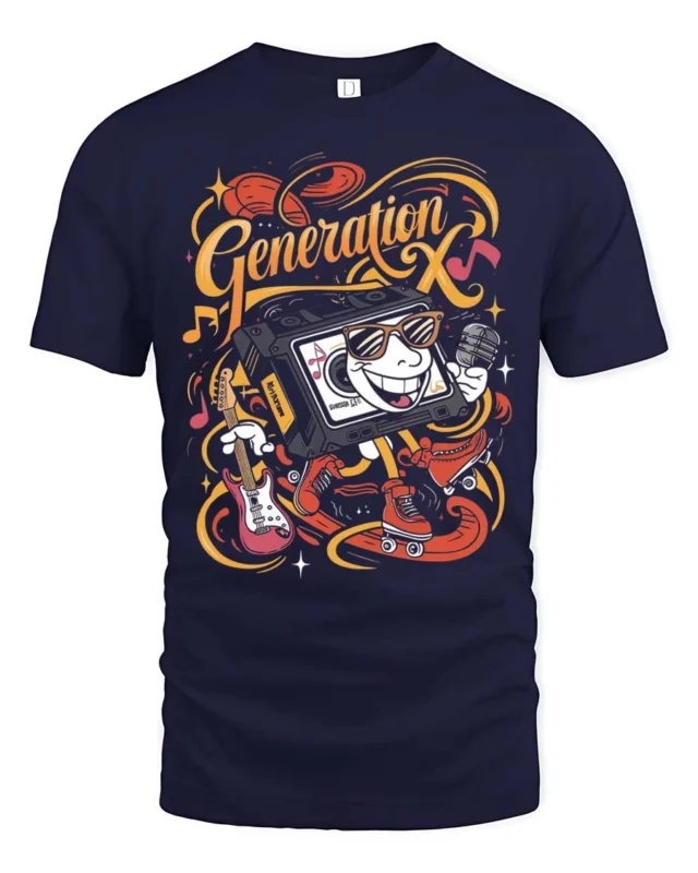 Groovy Generation X Cassette Tape Roller Skate Tshirt - navy t-shirt on white background