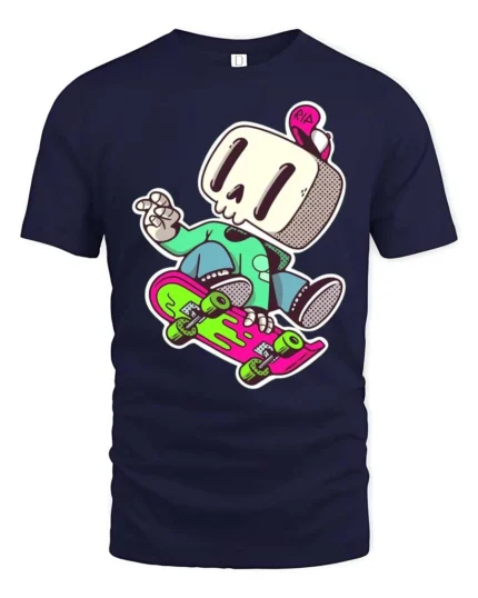 Funky Skater Skeleton Lime Green Jacket Graphic Tee - navy t-shirt on white background