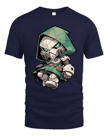 Chibi Doctor Doom Mask Green Hooded Armor Graphic Tee - navy t-shirt on white background