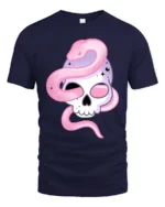 Alluring Pastel Sugar Skull Pink Serpent Graphic Tee - navy t-shirt on white background