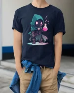 Enchanting Miniature Alchemist Hooded Rogue Magic Graphic Tee - model wearing navy tee with hands in pockets