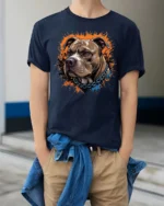 Ferocious Pitbull Portrait Splatter Paint Graphic Tee - model wearing navy tee with hands in pockets