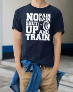 Hardcore Gym Motivation No Pain No Gain Graphic Tee - model wearing navy tee with hands in pockets