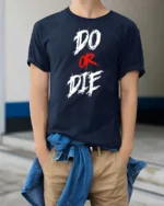Aggressive Do Or Die Hardcore Workout Motivation Graphic Tee - model wearing navy tee with hands in pockets