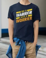 Motivating Be A Warrior Not A Worrier Workout Graphic Tee - model wearing navy tee with hands in pockets