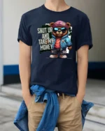 Sarcastic Shut Up And Take My Money Teddy Bear Graphic Tee - model wearing navy tee with hands in pockets