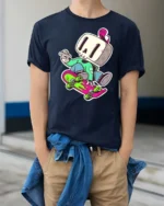 Funky Skater Skeleton Lime Green Jacket Graphic Tee - model wearing navy tee with hands in pockets