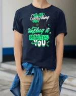 Inspiring Unplug It Almost Everything Will Work Graphic Tee - model wearing navy tee with hands in pockets