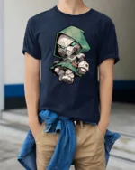 Chibi Doctor Doom Mask Green Hooded Armor Graphic Tee - model wearing navy tee with hands in pockets