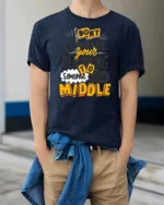 Awesome Don’t Compare Your Beginning To Someone Middle Tee - model wearing navy tee with hands in pockets