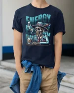 Suave Dapper Skeleton Energy Cocktail Cigar Graphic Tee - model wearing navy tee with hands in pockets