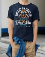 Thrilling The Ocean Fighter Ghost Ship Pirate Crew Tshirt - model wearing navy tee with hands in pockets