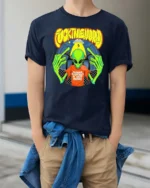 Cheeky Human Routines Are Boring Alien Graphic Tee - model wearing navy tee with hands in pockets