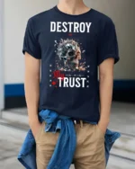Edgy Destroy My Trust Broken Crystal Skull Gothic Tshirt - model wearing navy tee with hands in pockets