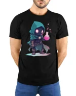 Enchanting Miniature Alchemist Hooded Rogue Magic Graphic Tee - model wearing black tee with hands behind back