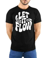 Groovy Let It Flow White Bubble Text Retro Graphic Tee - model wearing black tee with hands behind back