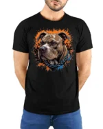 Ferocious Pitbull Portrait Splatter Paint Graphic Tee - model wearing black tee with hands behind back