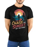 Inspiring Chase The Sunset Outdoor Nature Graphic Tee - model wearing black tee with hands behind back