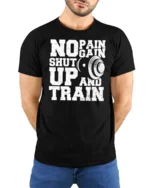 Hardcore Gym Motivation No Pain No Gain Graphic Tee - model wearing black tee with hands behind back