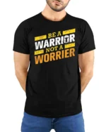 Motivating Be A Warrior Not A Worrier Workout Graphic Tee - model wearing black tee with hands behind back