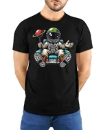 Charming Astronaut Sitting On Car Planet Balloon Tshirt - model wearing black tee with hands behind back
