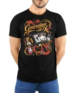 Groovy Generation X Cassette Tape Roller Skate Tshirt - model wearing black tee with hands behind back
